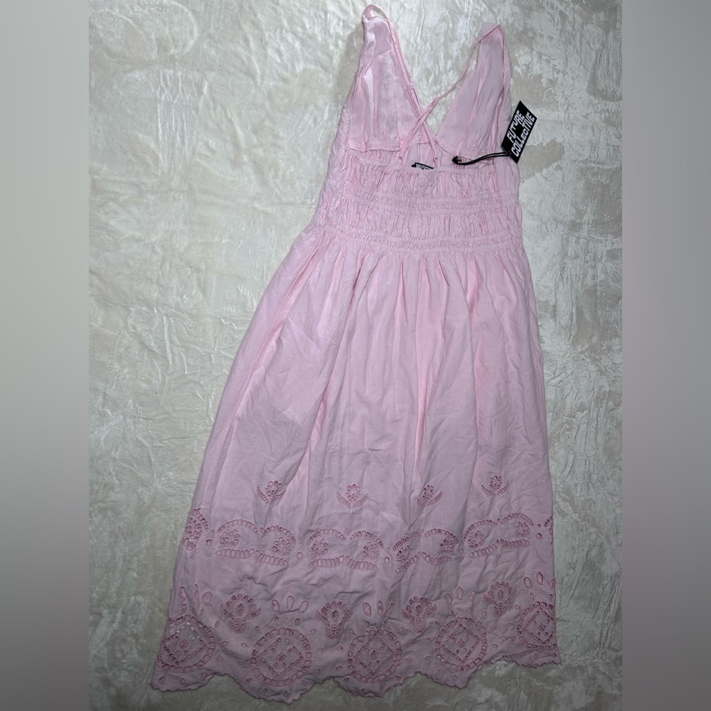 NWT Future Collective Light Pink Scalloped Eyelet Maxi A-Line Dress, Smocked - Picture 8 of 15